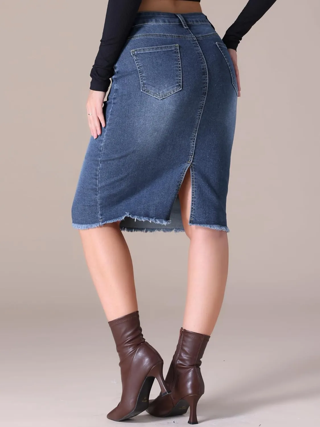 Women's Denim Skirt High Waist Raw Hem Pockets Stretch Bodycon Pencil Skirt Knee Length Jean Skirts