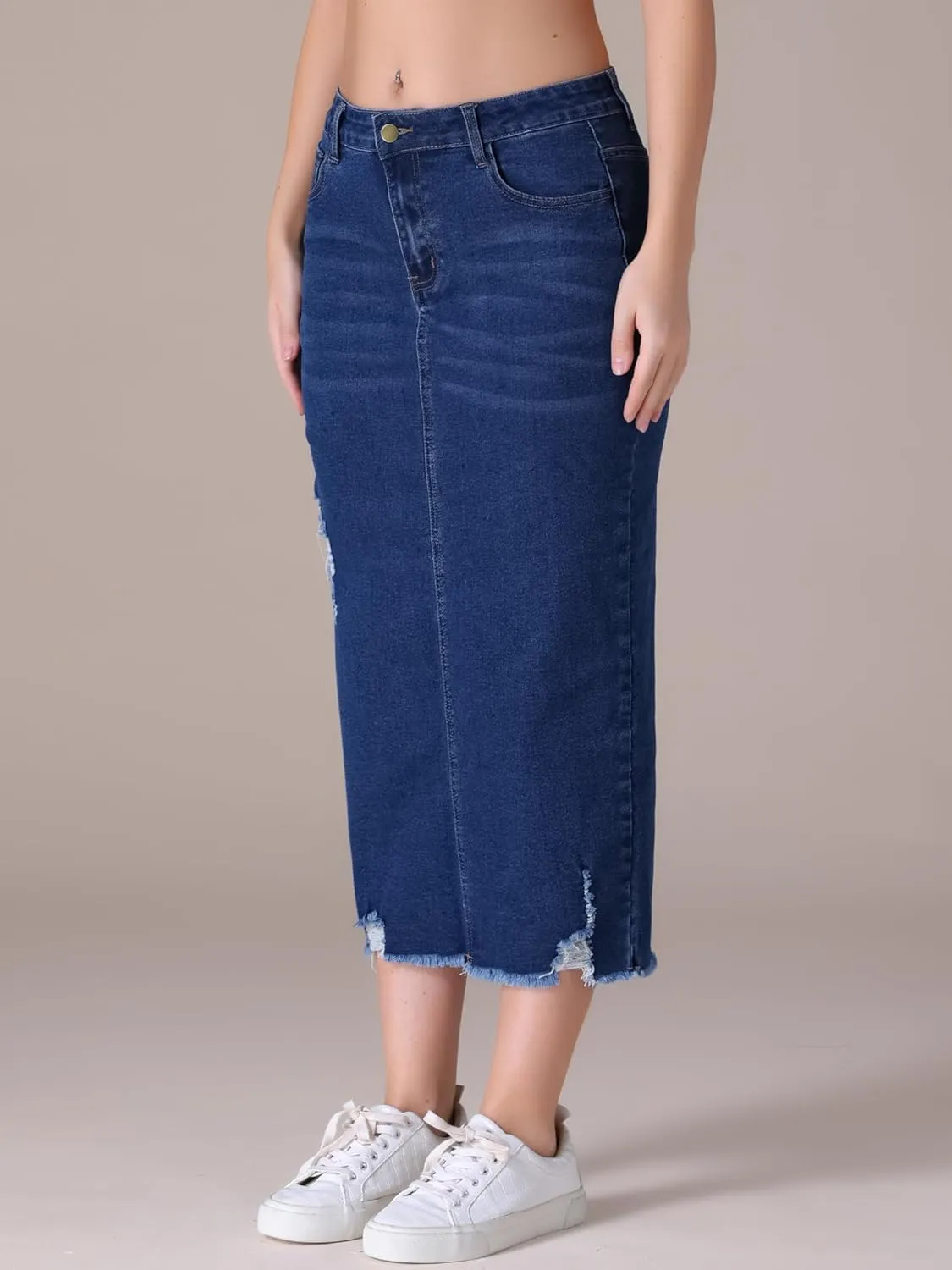 Women's Denim Skirt High Waisted Stretch Ripped Raw Hem Split Casual Midi Pencil Skirt Jean Skirts