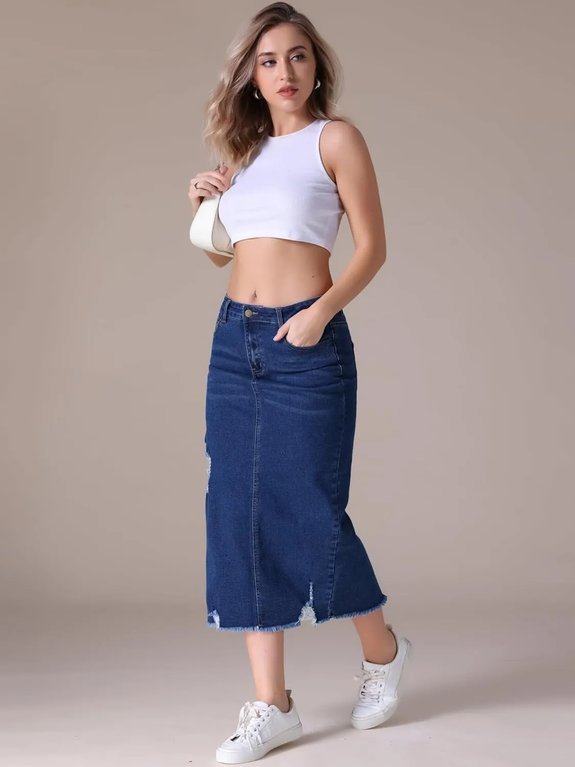 Women's Denim Skirt High Waisted Stretch Ripped Raw Hem Split Casual Midi Pencil Skirt Jean Skirts