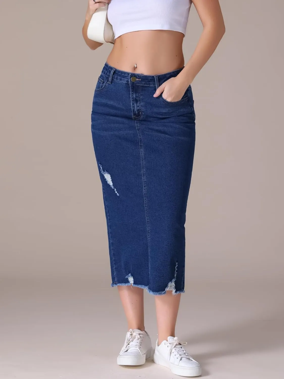 Women's Denim Skirt High Waisted Stretch Ripped Raw Hem Split Casual Midi Pencil Skirt Jean Skirts