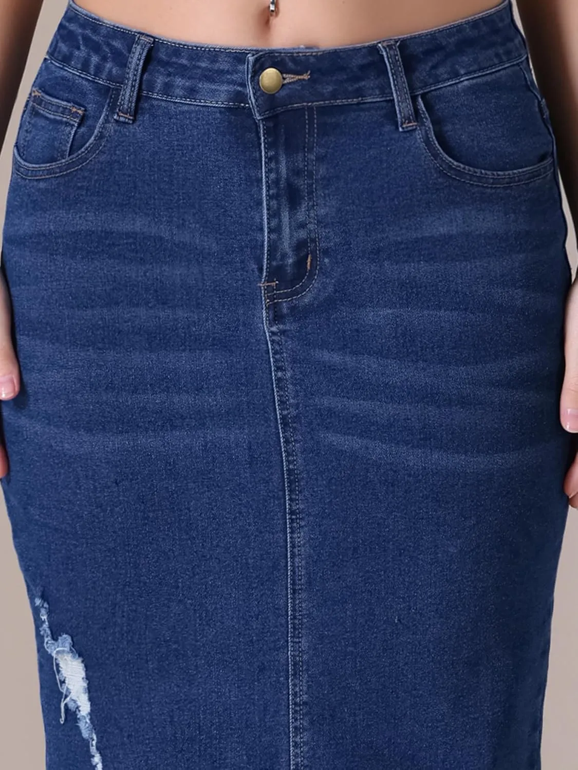 Women's Denim Skirt High Waisted Stretch Ripped Raw Hem Split Casual Midi Pencil Skirt Jean Skirts