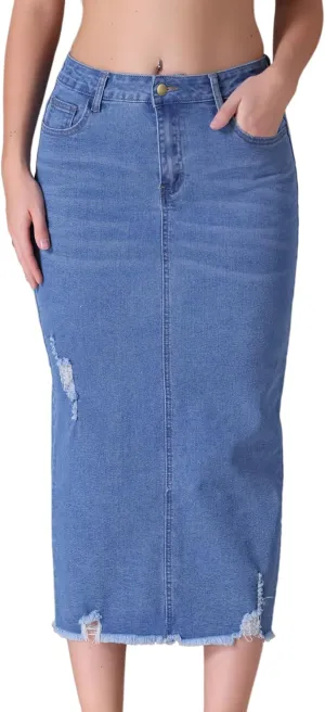 Women's Denim Skirt High Waisted Stretch Ripped Raw Hem Split Casual Midi Pencil Skirt Jean Skirts