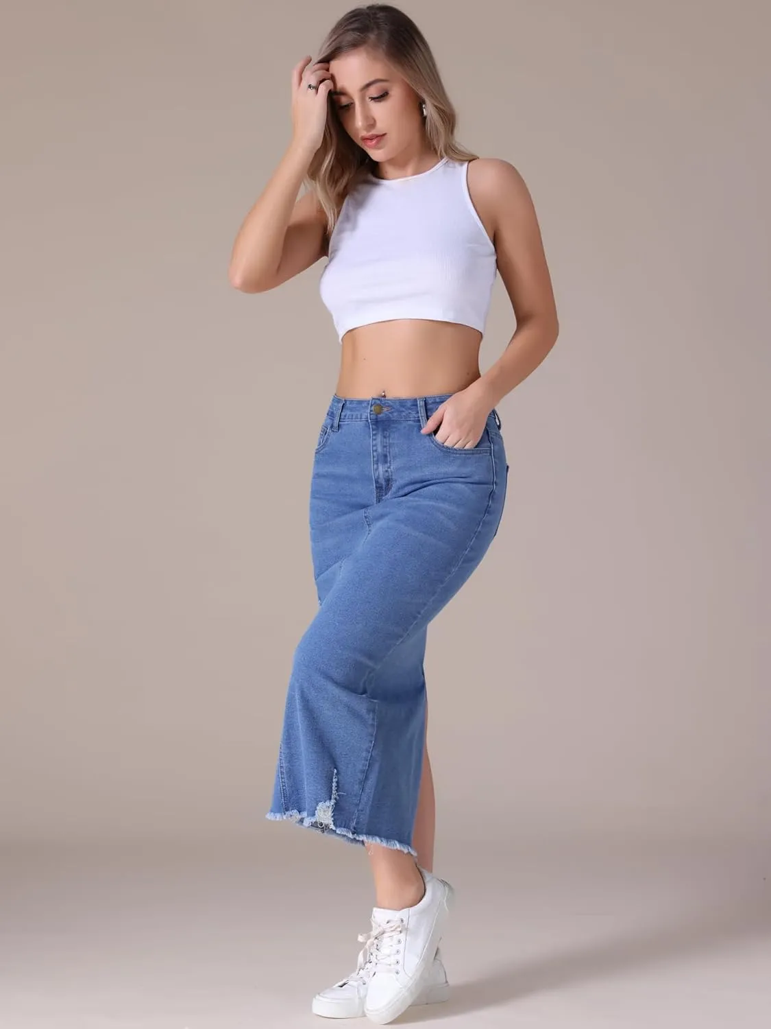 Women's Denim Skirt High Waisted Stretch Ripped Raw Hem Split Casual Midi Pencil Skirt Jean Skirts
