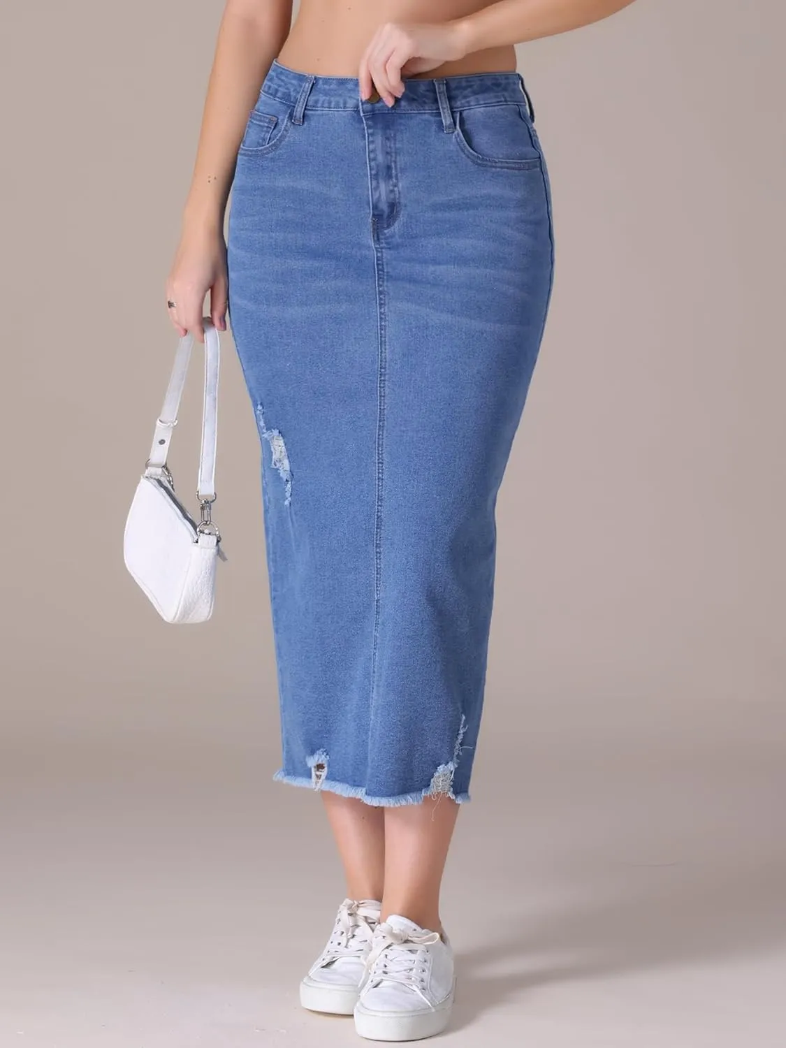 Women's Denim Skirt High Waisted Stretch Ripped Raw Hem Split Casual Midi Pencil Skirt Jean Skirts