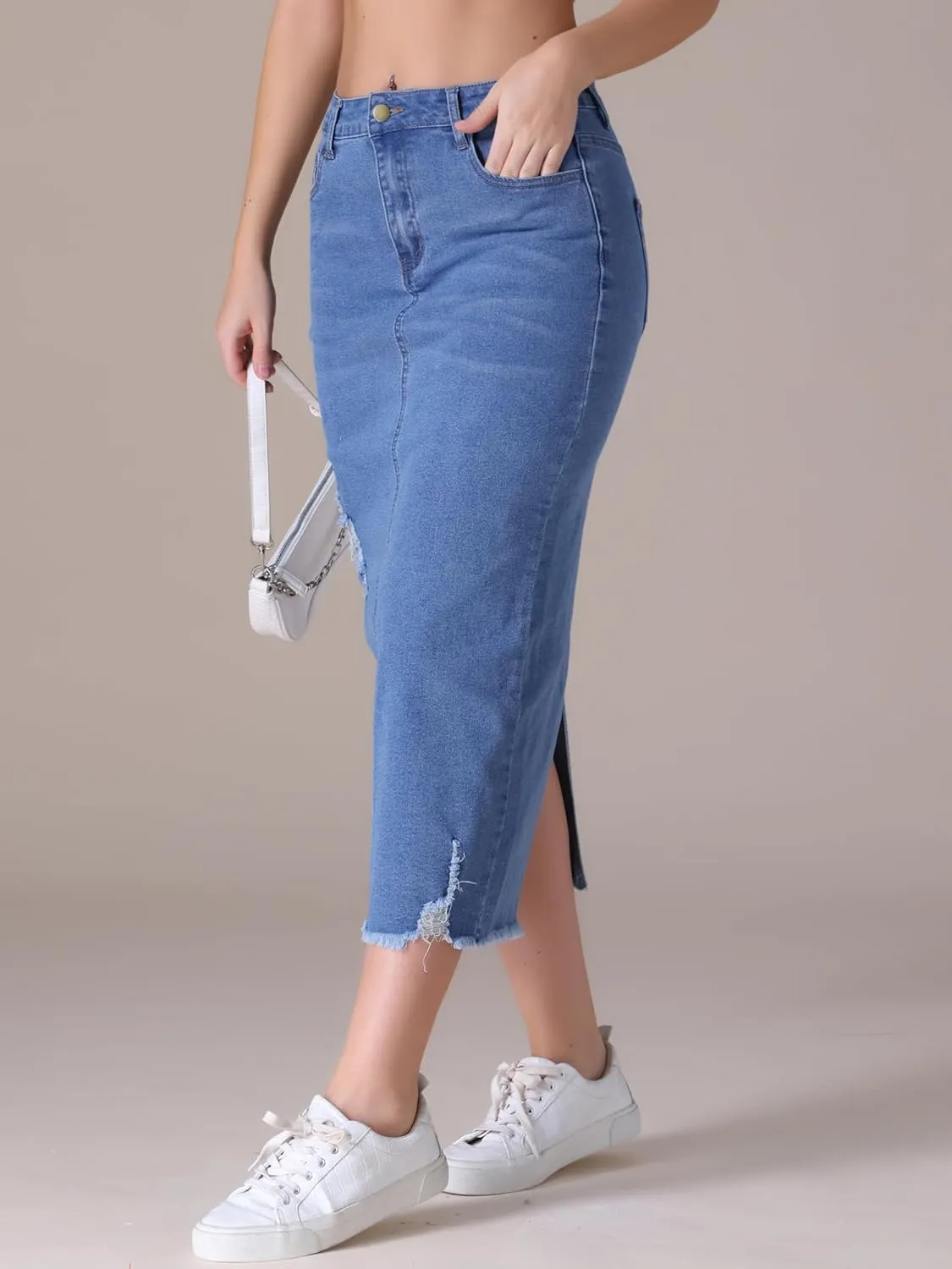 Women's Denim Skirt High Waisted Stretch Ripped Raw Hem Split Casual Midi Pencil Skirt Jean Skirts