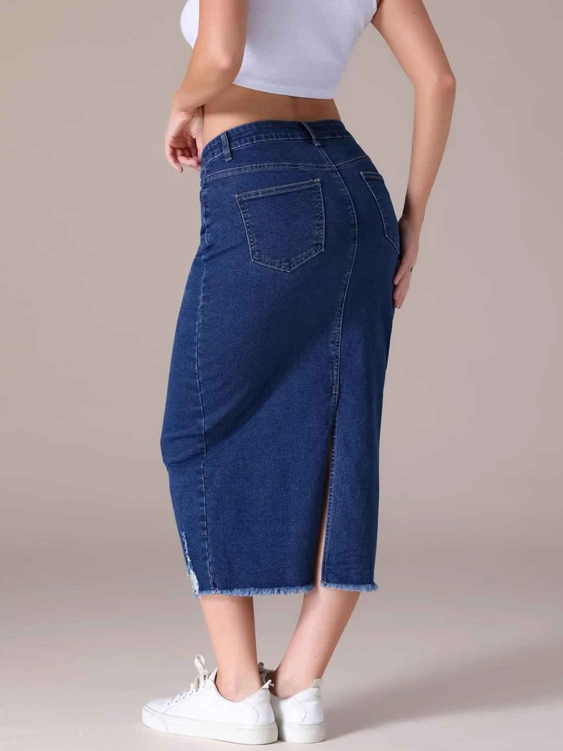 Women's Denim Skirt High Waisted Stretch Ripped Raw Hem Split Casual Midi Pencil Skirt Jean Skirts
