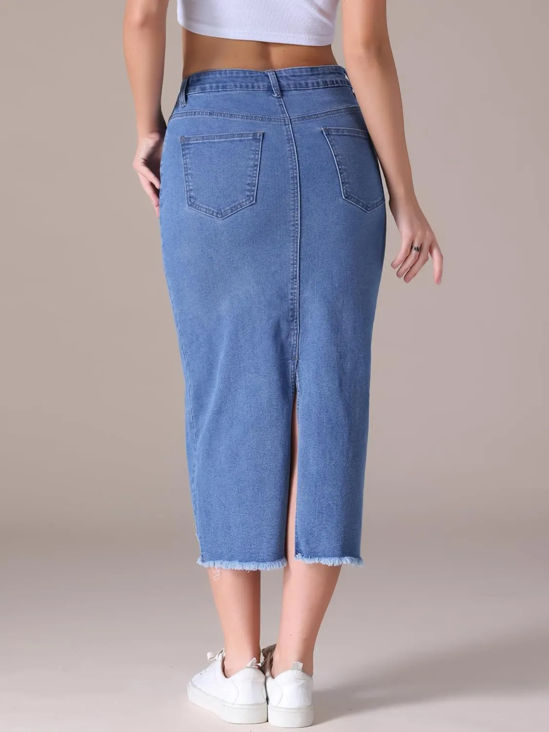 Women's Denim Skirt High Waisted Stretch Ripped Raw Hem Split Casual Midi Pencil Skirt Jean Skirts