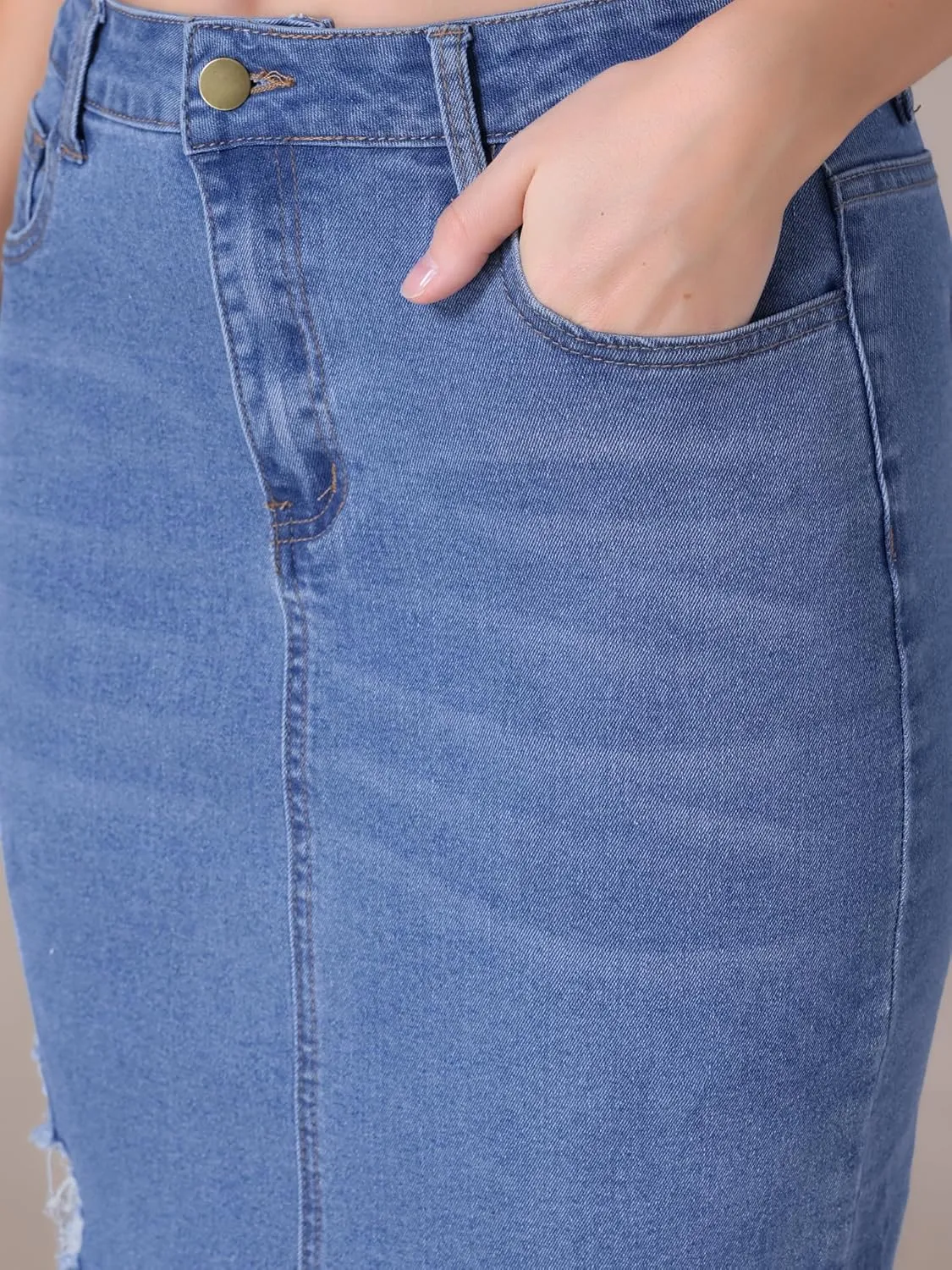 Women's Denim Skirt High Waisted Stretch Ripped Raw Hem Split Casual Midi Pencil Skirt Jean Skirts