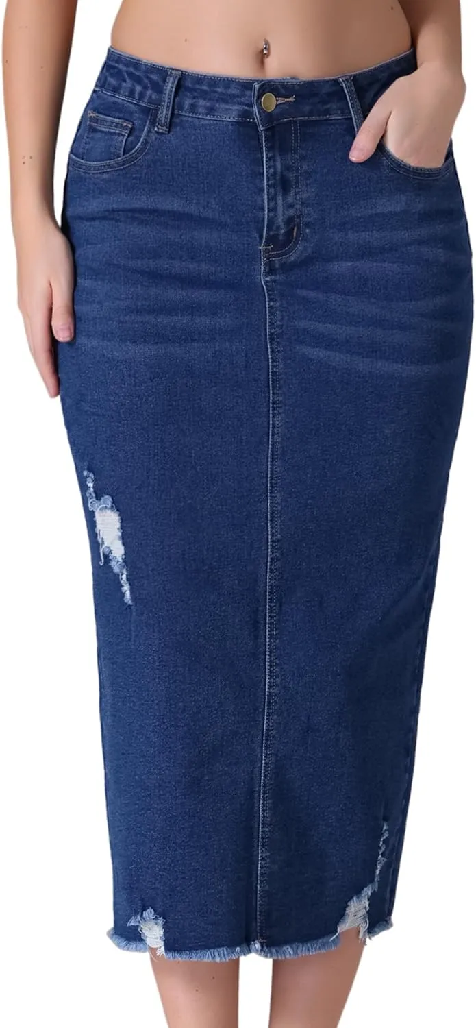 Women's Denim Skirt High Waisted Stretch Ripped Raw Hem Split Casual Midi Pencil Skirt Jean Skirts