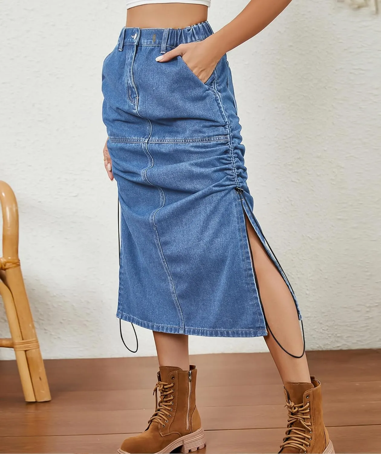 Women's Elastic High Waist Drawstring Slit Denim Midi Skirts Pleated Jean Long Skirt