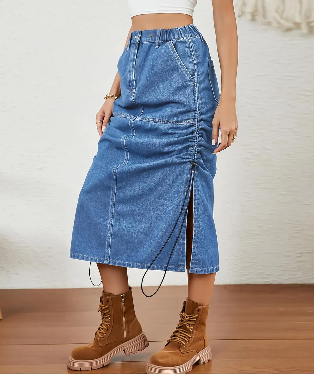Women's Elastic High Waist Drawstring Slit Denim Midi Skirts Pleated Jean Long Skirt