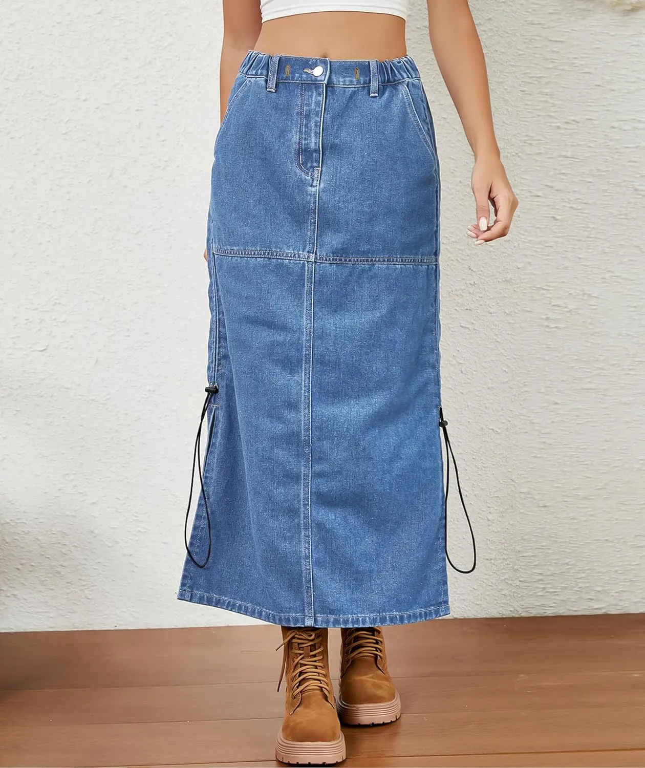 Women's Elastic High Waist Drawstring Slit Denim Midi Skirts Pleated Jean Long Skirt
