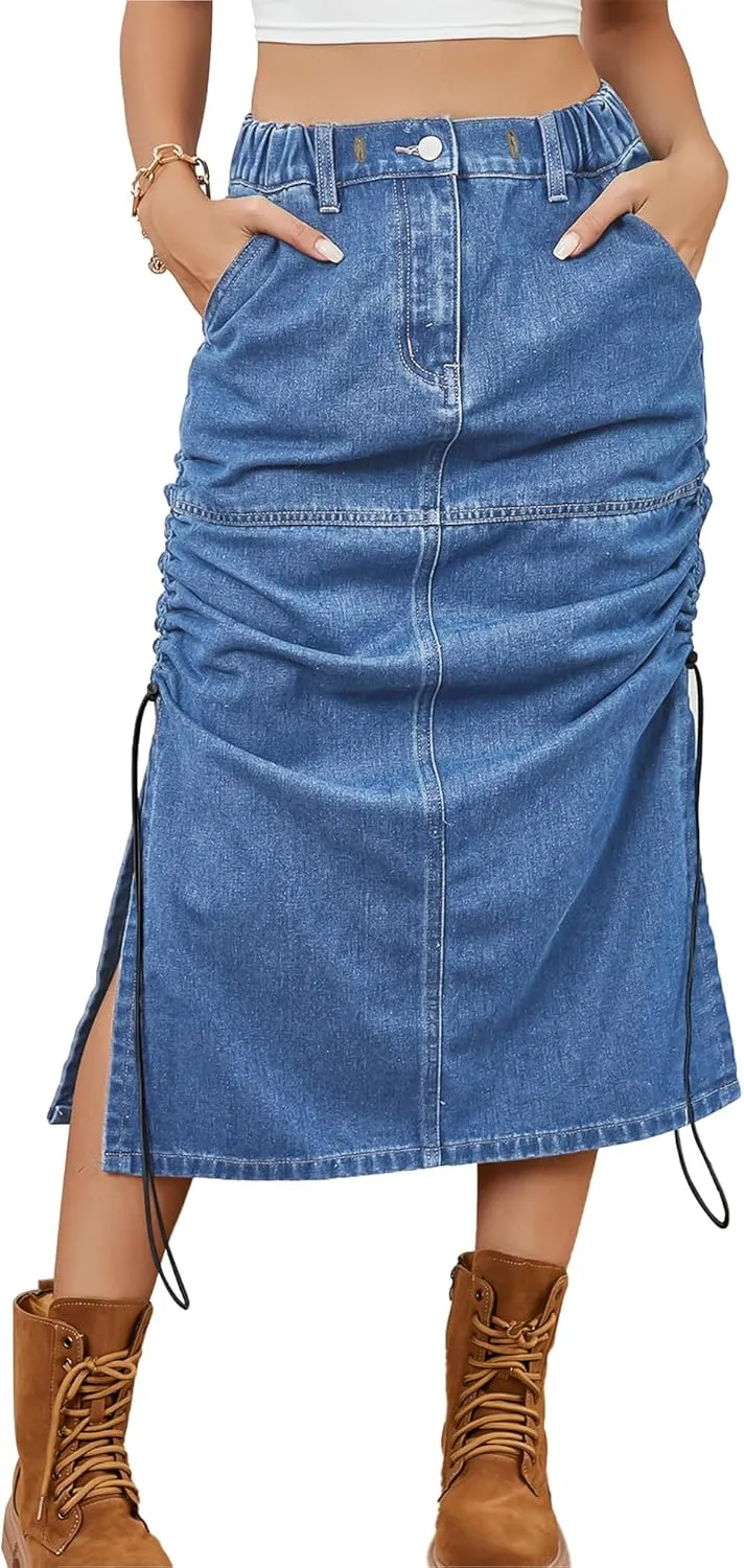 Women's Elastic High Waist Drawstring Slit Denim Midi Skirts Pleated Jean Long Skirt
