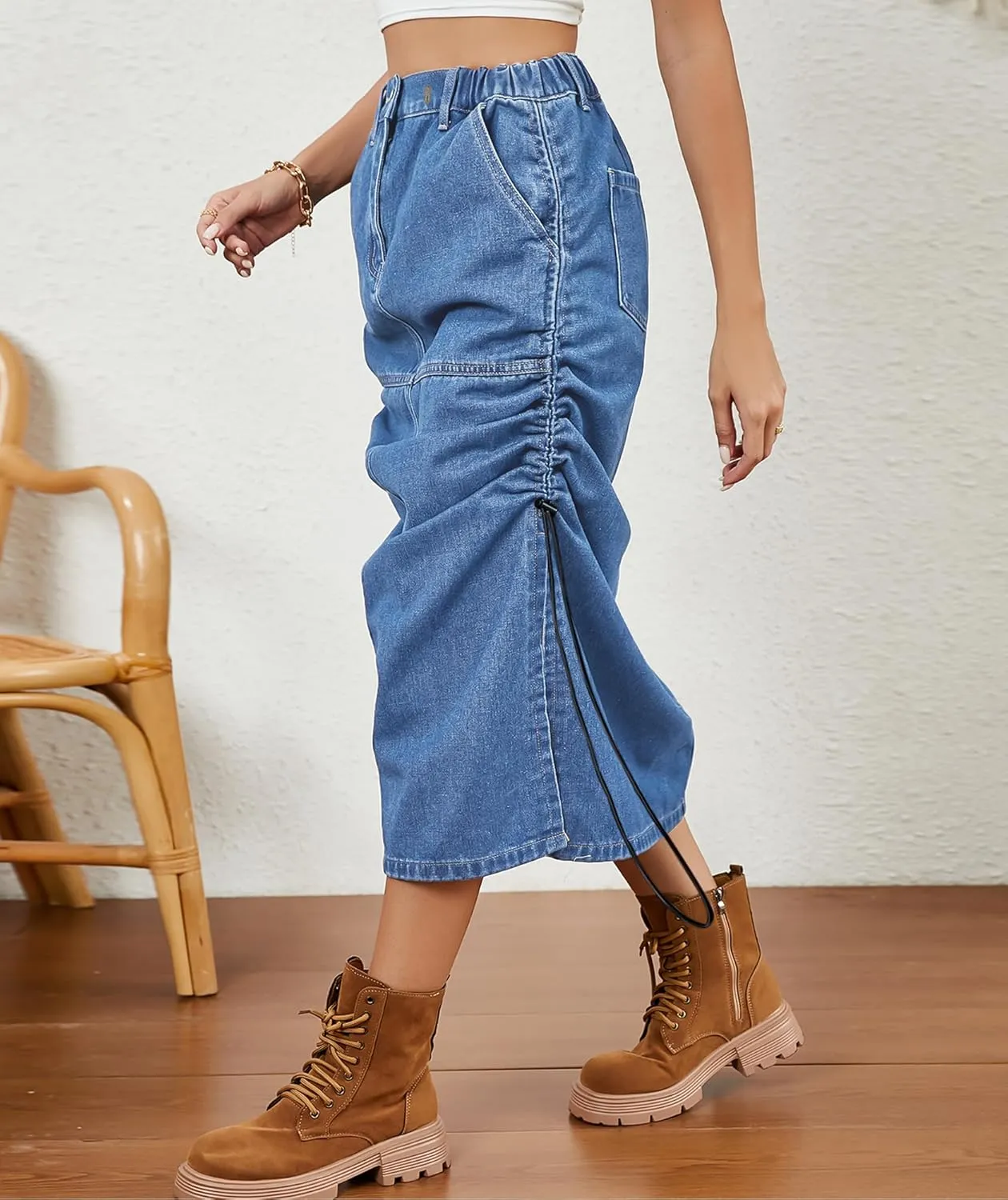 Women's Elastic High Waist Drawstring Slit Denim Midi Skirts Pleated Jean Long Skirt