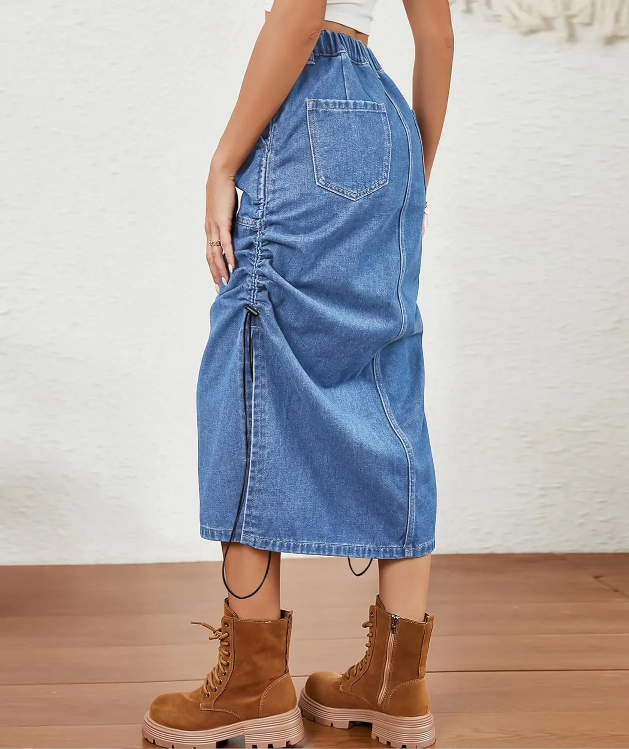 Women's Elastic High Waist Drawstring Slit Denim Midi Skirts Pleated Jean Long Skirt