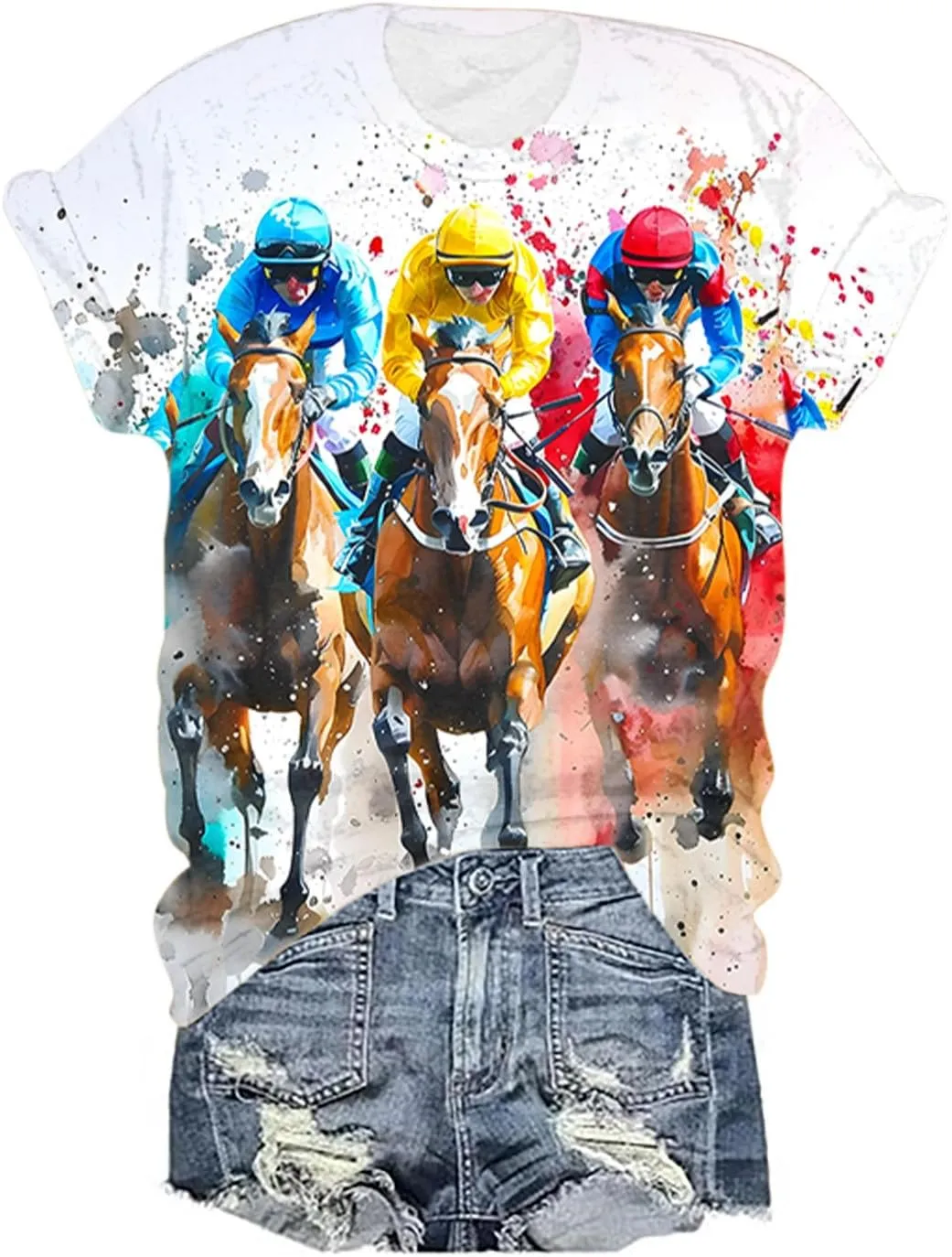Womens Horse Racing Tops Cap Sleeve Summer Retro Blouse Crew Neck Tee Shirt Stylish Workout Tshirts for Ladies