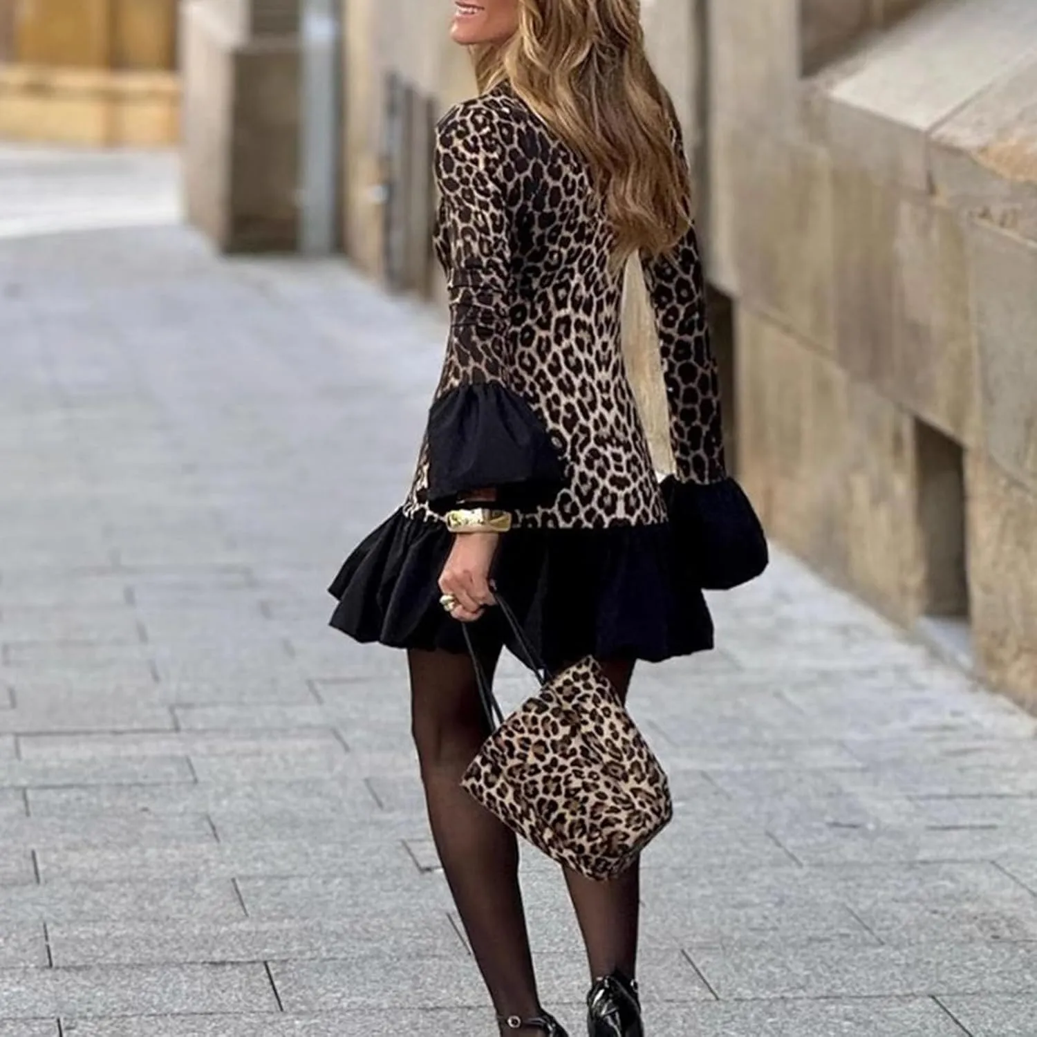 Womens Leopard Print Bodycon Mini Dress Mock Neck Ruffle Hem Mini Dress Club Night Out Dresses