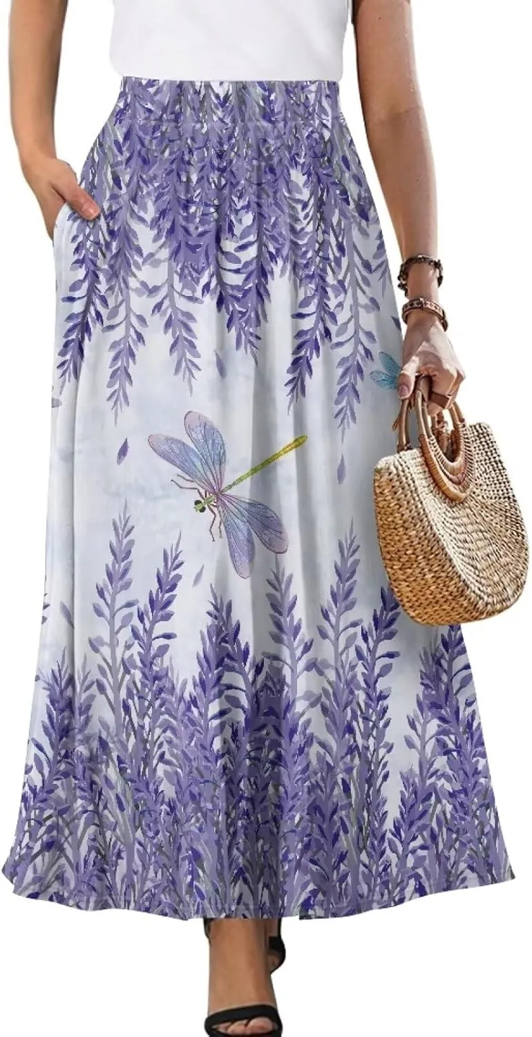 Women's Long Maxi Skirts Casual High Waist Pleated Skirts with Pockets Ankle Length Fashion Flowy Swing Skirts
