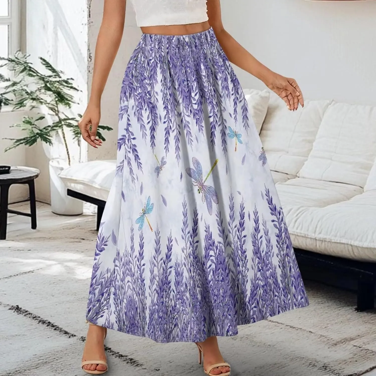 Women's Long Maxi Skirts Casual High Waist Pleated Skirts with Pockets Ankle Length Fashion Flowy Swing Skirts