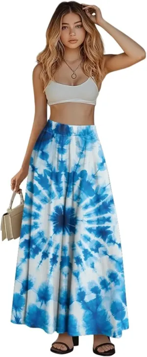 Women's Long Maxi Skirts Casual High Waist Pleated Skirts with Pockets Ankle Length Fashion Flowy Swing Skirts