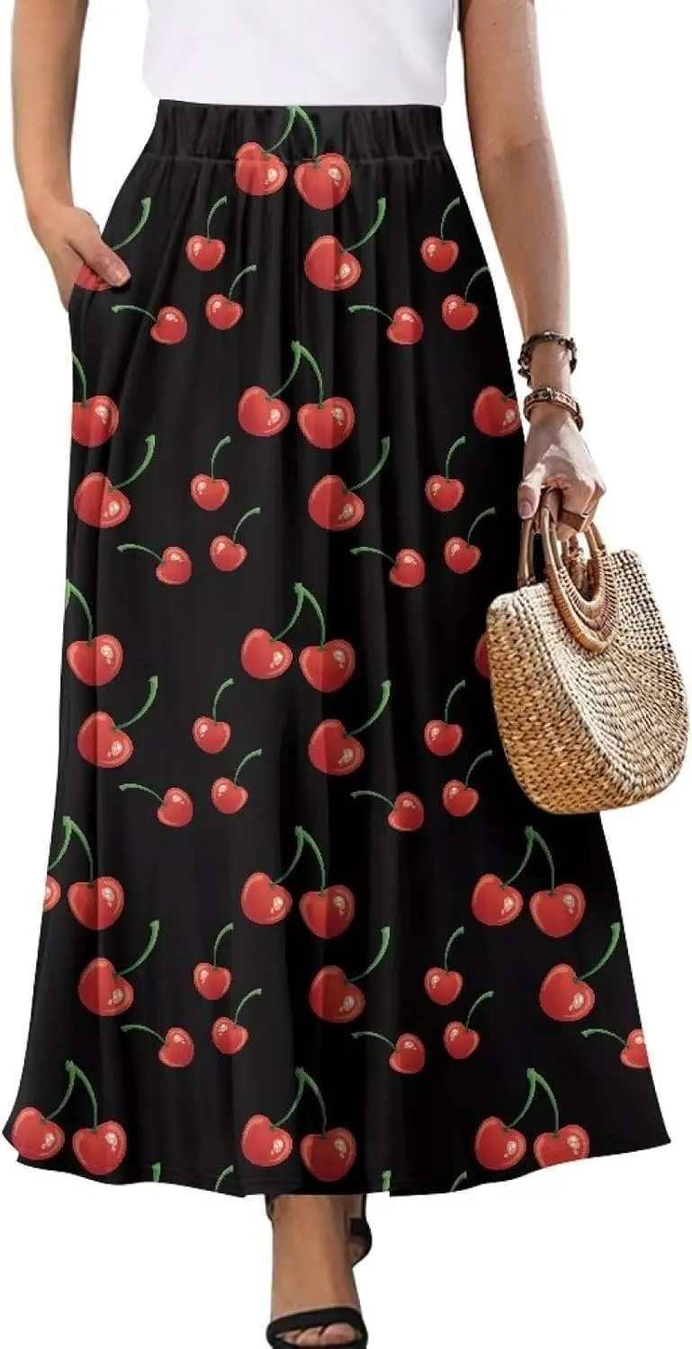 Women's Long Maxi Skirts Casual High Waist Pleated Skirts with Pockets Ankle Length Fashion Flowy Swing Skirts