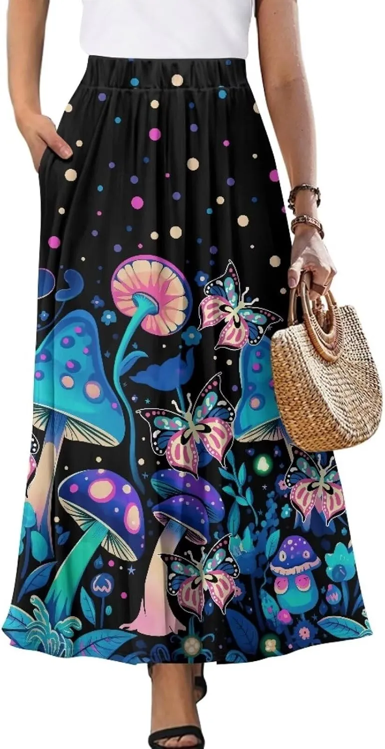 Women's Long Maxi Skirts Casual High Waist Pleated Skirts with Pockets Ankle Length Fashion Flowy Swing Skirts