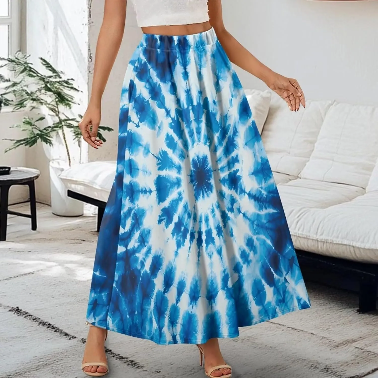 Women's Long Maxi Skirts Casual High Waist Pleated Skirts with Pockets Ankle Length Fashion Flowy Swing Skirts