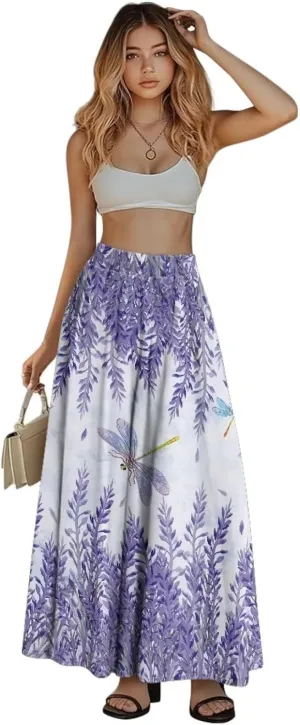 Women's Long Maxi Skirts Casual High Waist Pleated Skirts with Pockets Ankle Length Fashion Flowy Swing Skirts