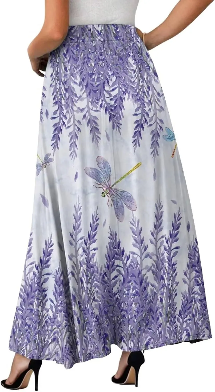 Women's Long Maxi Skirts Casual High Waist Pleated Skirts with Pockets Ankle Length Fashion Flowy Swing Skirts