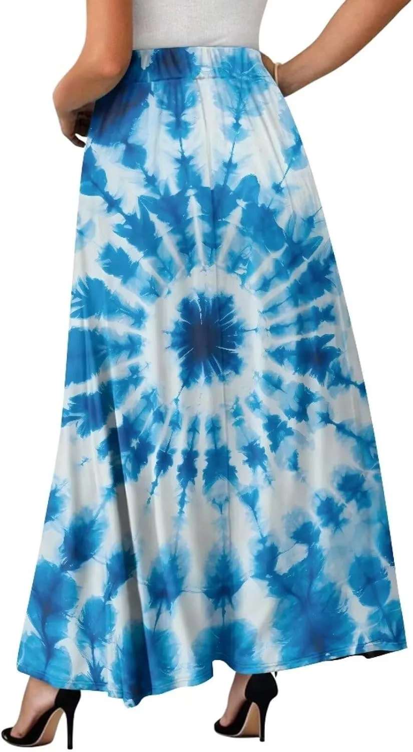 Women's Long Maxi Skirts Casual High Waist Pleated Skirts with Pockets Ankle Length Fashion Flowy Swing Skirts