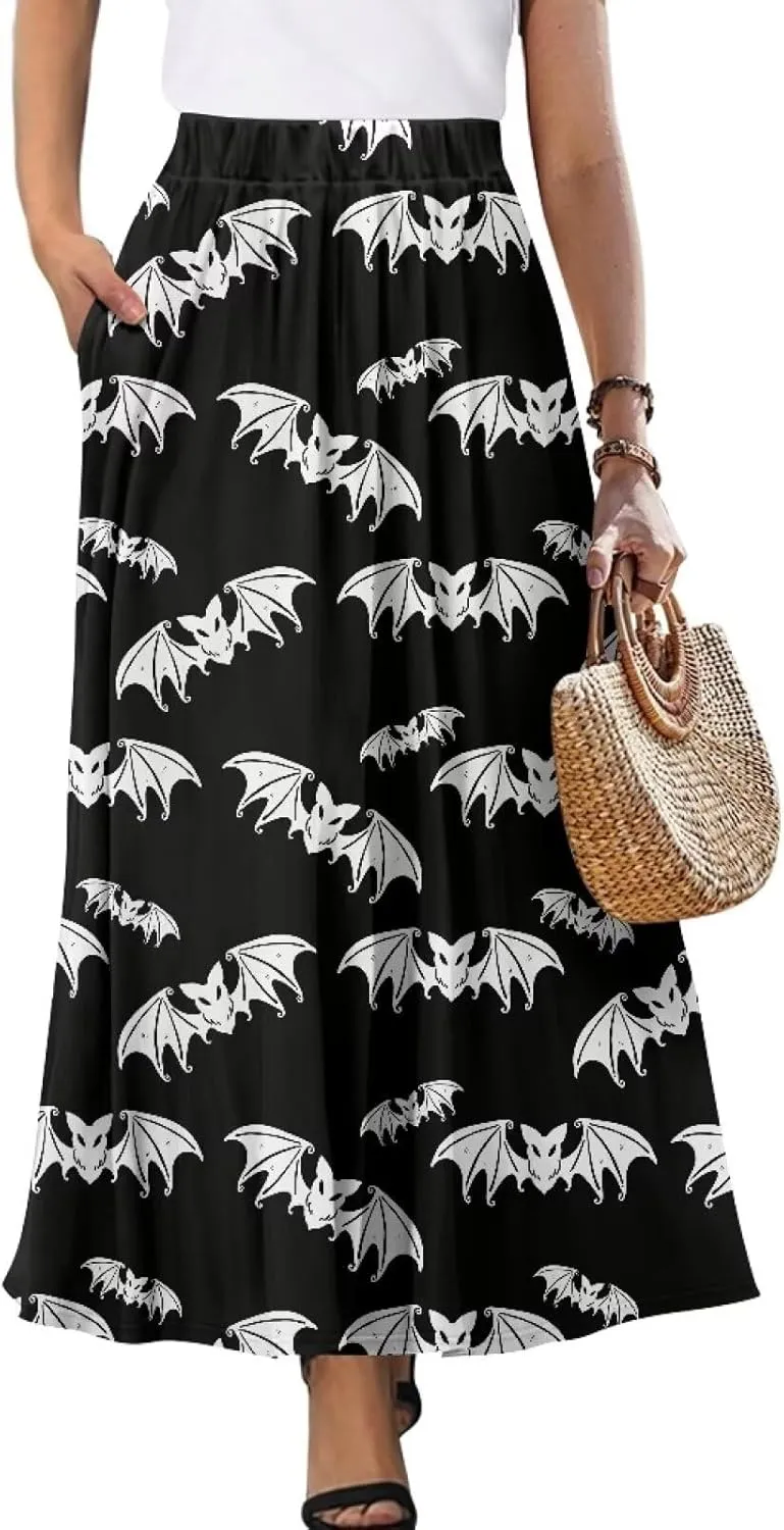 Women's Long Maxi Skirts Casual High Waist Pleated Skirts with Pockets Ankle Length Fashion Flowy Swing Skirts