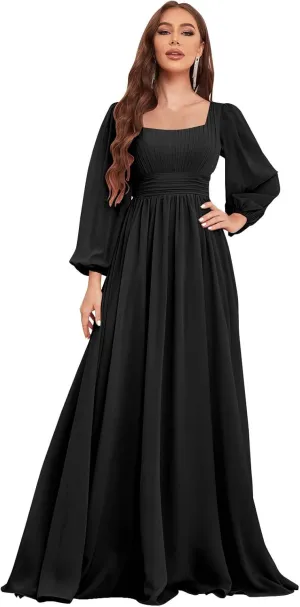 Women's Long Sleeve Bridesmaid Dress with Pockets Square Neck Formal Dresses Pleated Chiffon Wedding Guest Dress