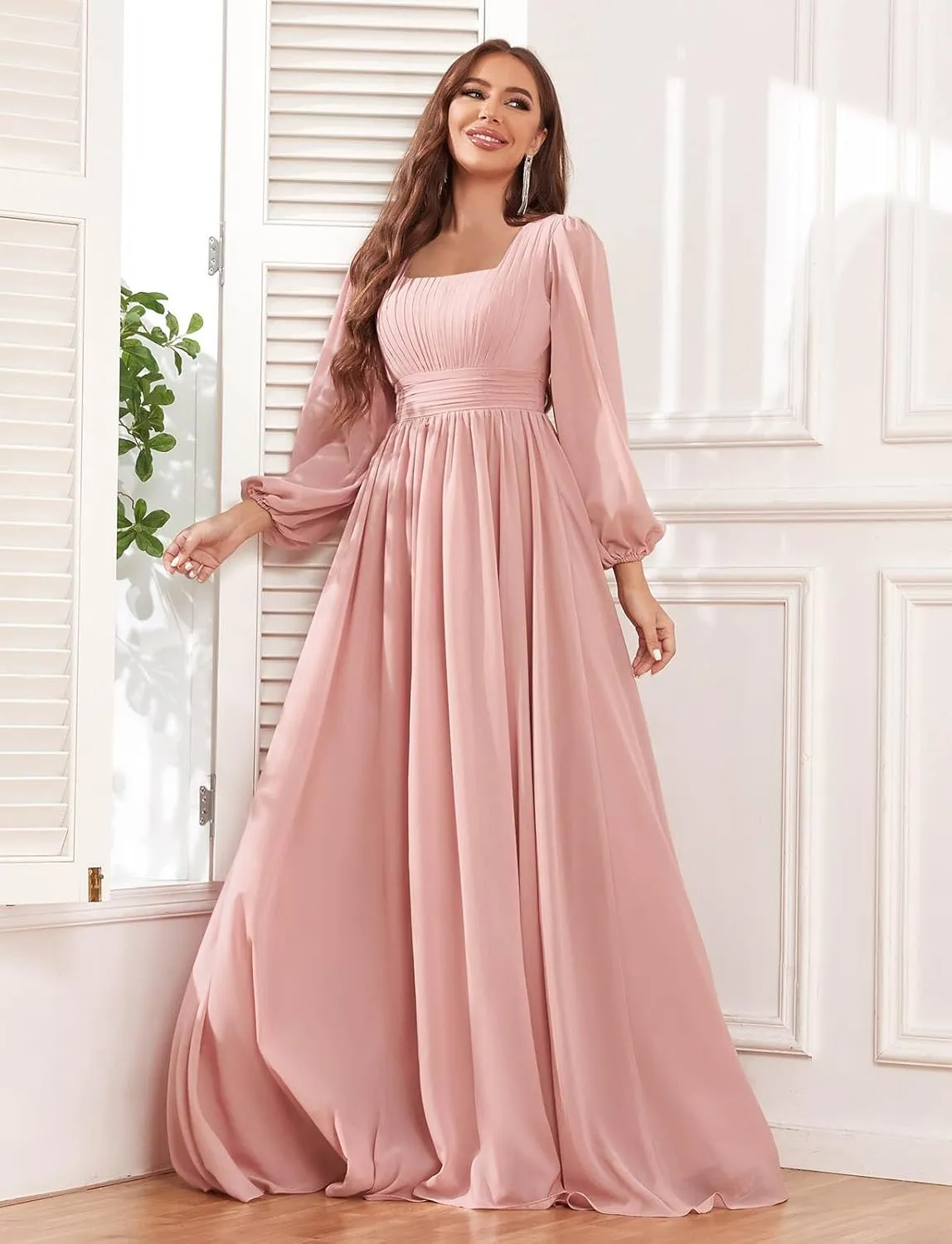 Women's Long Sleeve Bridesmaid Dress with Pockets Square Neck Formal Dresses Pleated Chiffon Wedding Guest Dress
