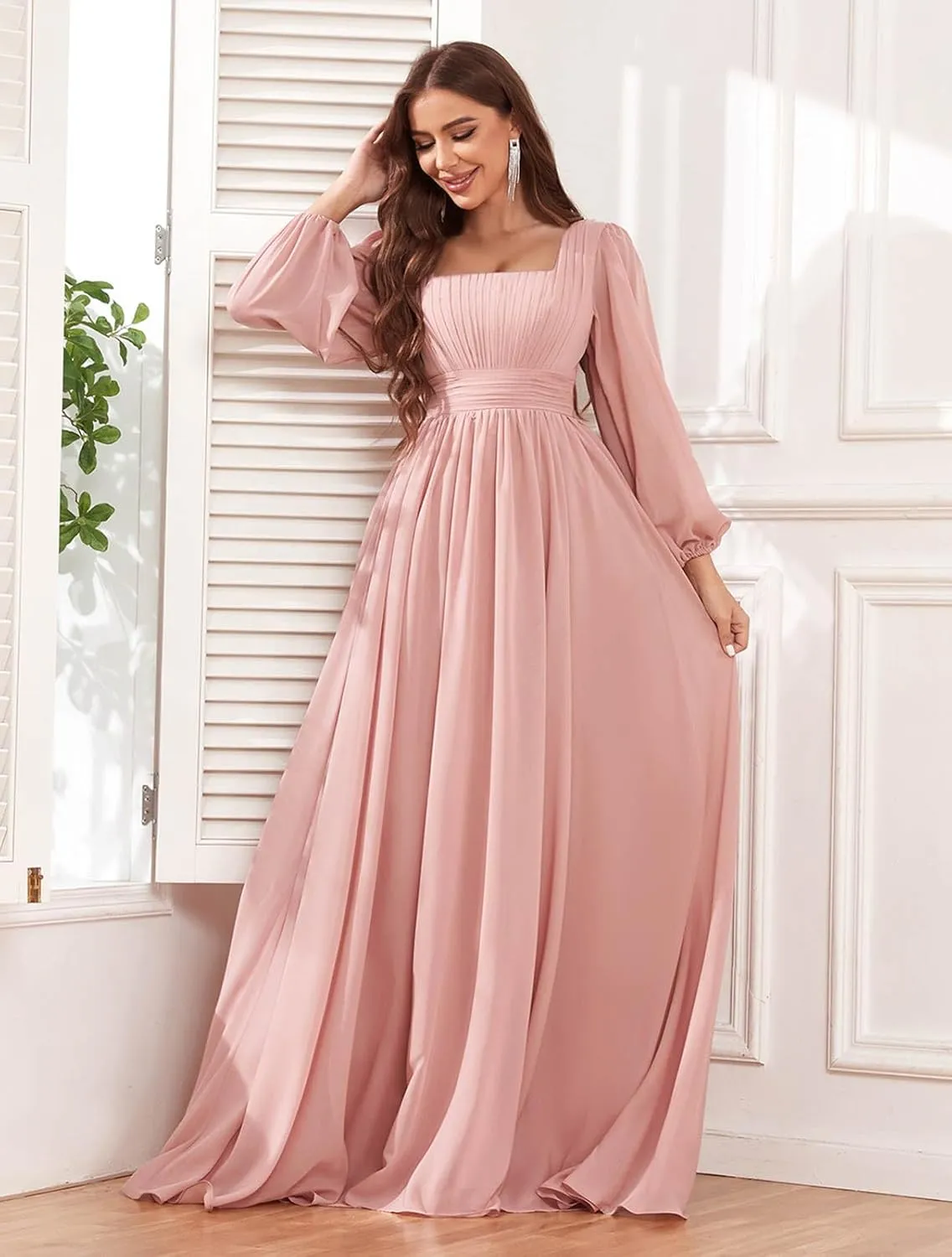 Women's Long Sleeve Bridesmaid Dress with Pockets Square Neck Formal Dresses Pleated Chiffon Wedding Guest Dress