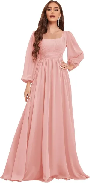 Women's Long Sleeve Bridesmaid Dress with Pockets Square Neck Formal Dresses Pleated Chiffon Wedding Guest Dress