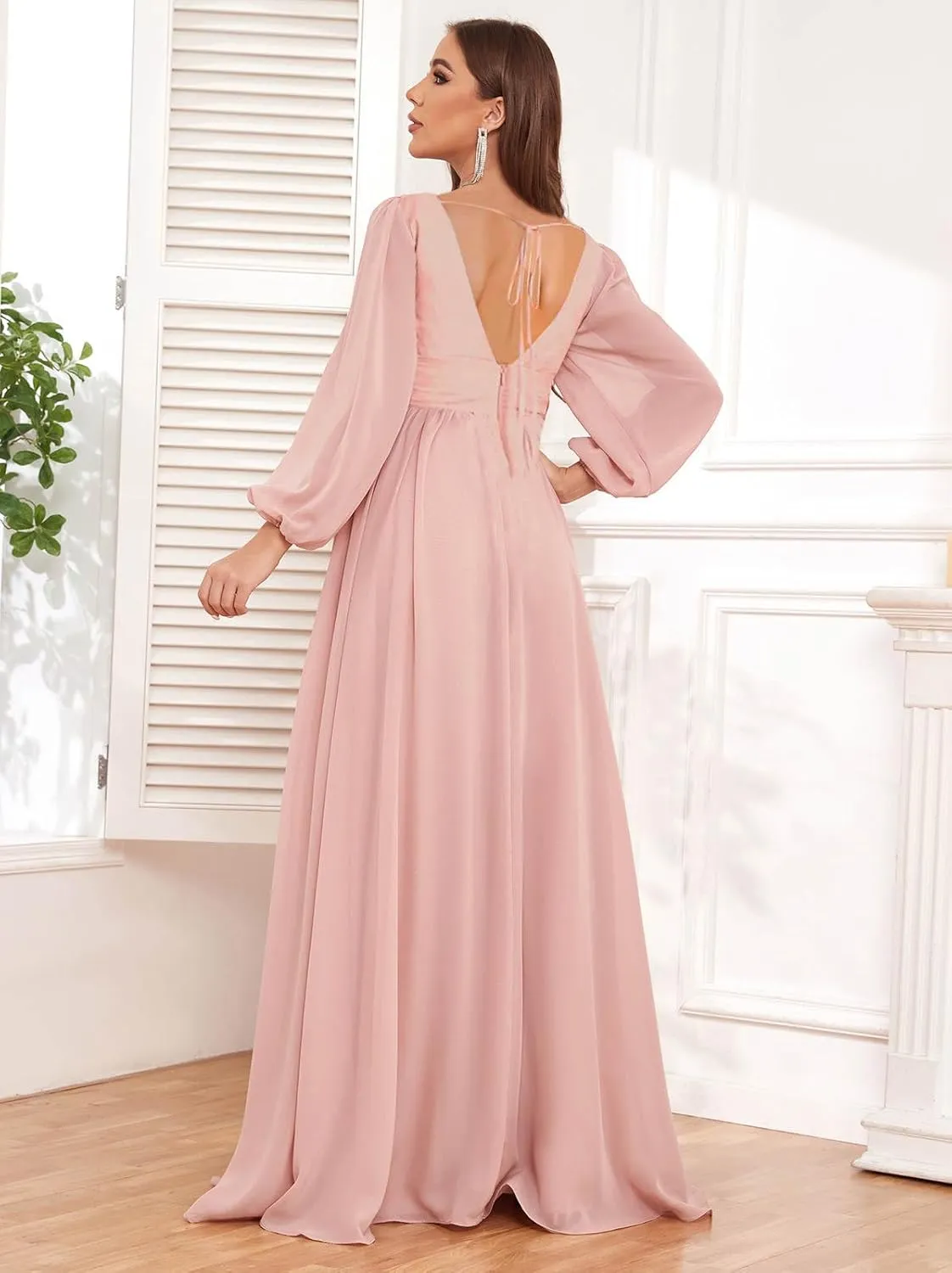 Women's Long Sleeve Bridesmaid Dress with Pockets Square Neck Formal Dresses Pleated Chiffon Wedding Guest Dress