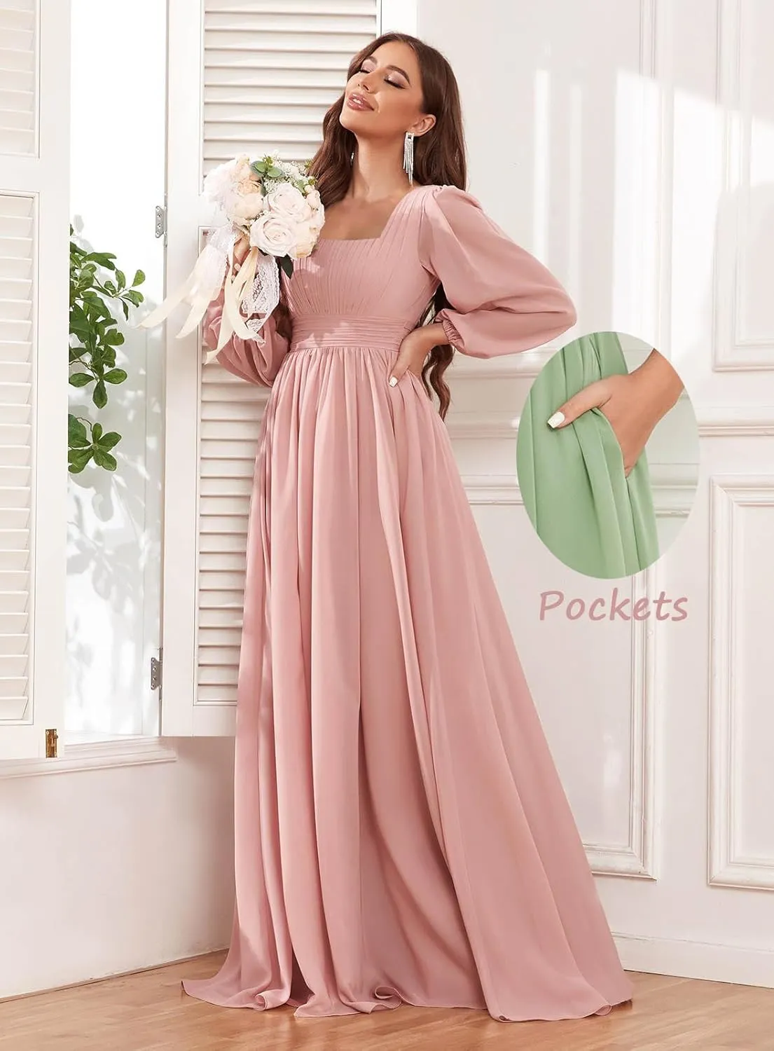 Women's Long Sleeve Bridesmaid Dress with Pockets Square Neck Formal Dresses Pleated Chiffon Wedding Guest Dress