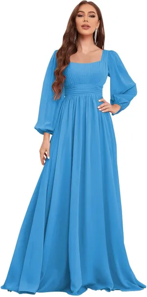 Women's Long Sleeve Bridesmaid Dress with Pockets Square Neck Formal Dresses Pleated Chiffon Wedding Guest Dress