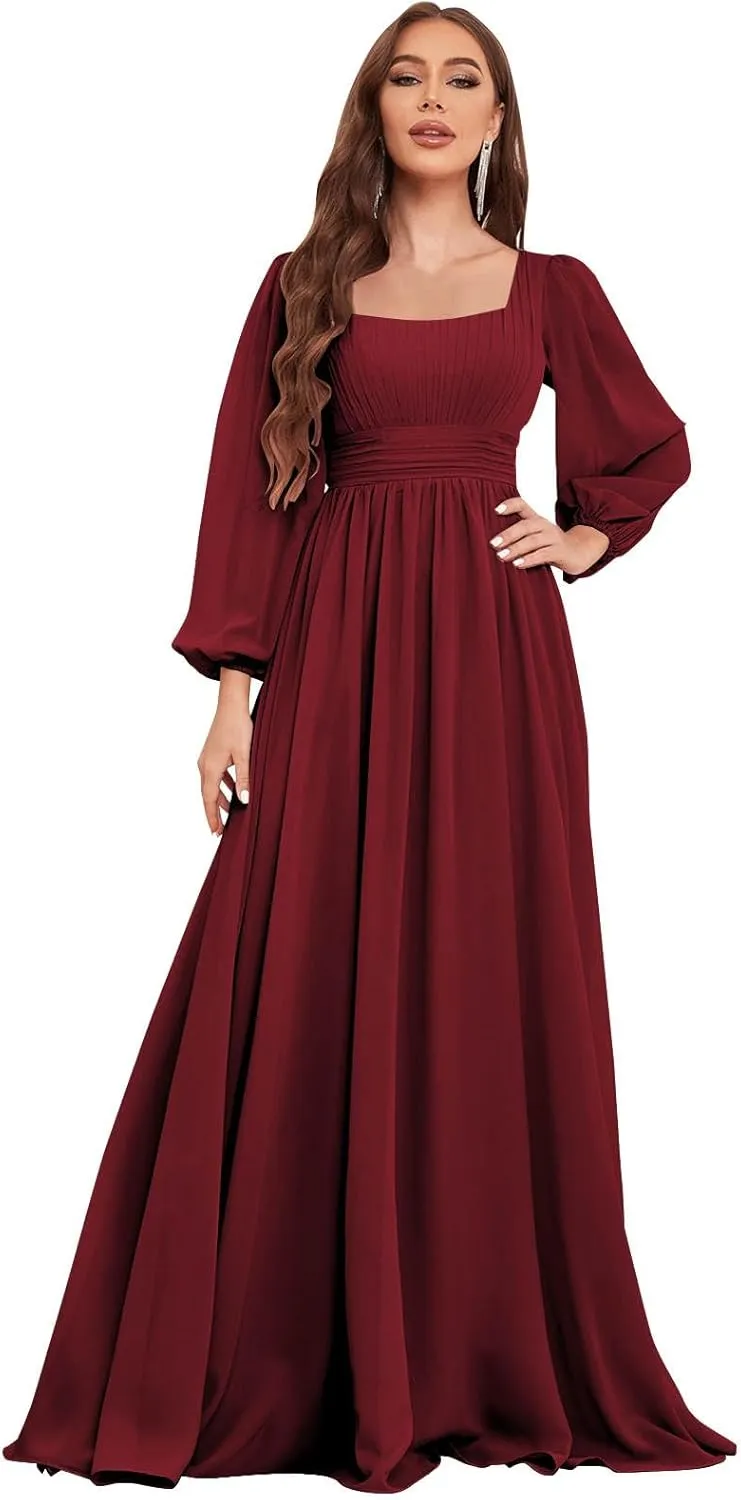 Women's Long Sleeve Bridesmaid Dress with Pockets Square Neck Formal Dresses Pleated Chiffon Wedding Guest Dress