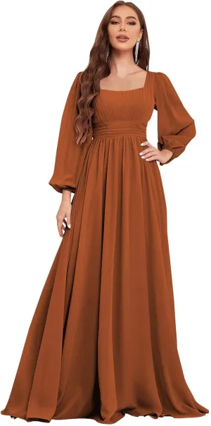 Women's Long Sleeve Bridesmaid Dress with Pockets Square Neck Formal Dresses Pleated Chiffon Wedding Guest Dress