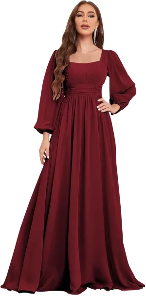 Women's Long Sleeve Bridesmaid Dress with Pockets Square Neck Formal Dresses Pleated Chiffon Wedding Guest Dress
