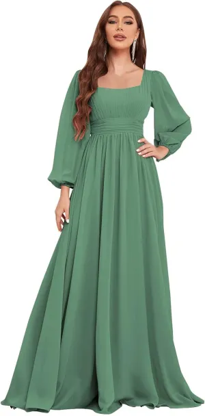 Women's Long Sleeve Bridesmaid Dress with Pockets Square Neck Formal Dresses Pleated Chiffon Wedding Guest Dress