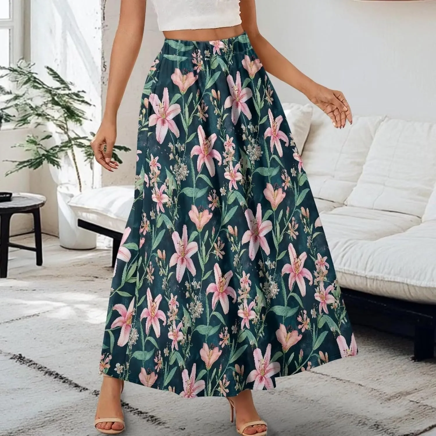 Women's Maxi High Waist Pleated Skirt Casual Long Skirts Flowy Swing Party Skirt with Pockets Ankle Length