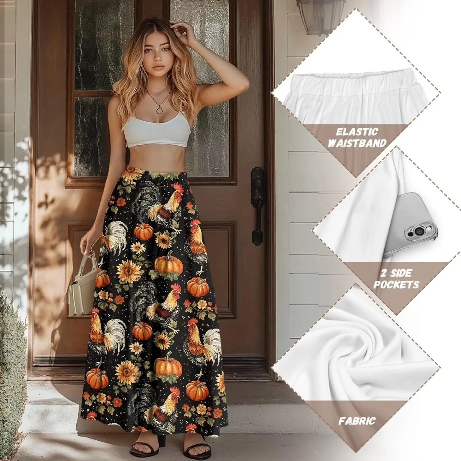 Women's Maxi High Waist Pleated Skirt Casual Long Skirts Flowy Swing Party Skirt with Pockets Ankle Length