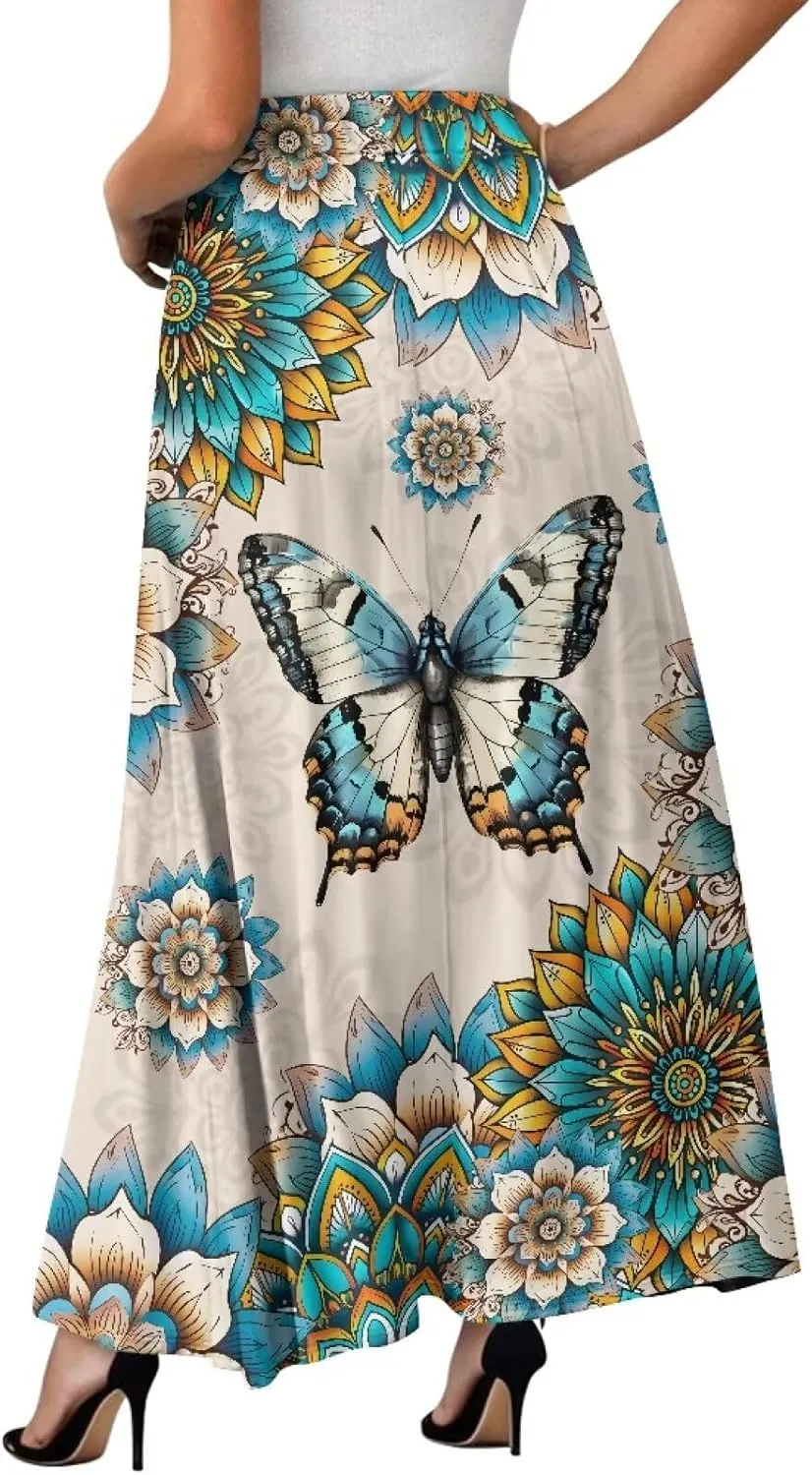Women's Maxi High Waist Pleated Skirt Casual Long Skirts Flowy Swing Party Skirt with Pockets Ankle Length