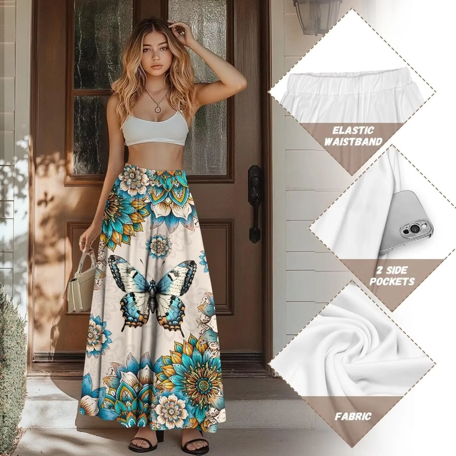 Women's Maxi High Waist Pleated Skirt Casual Long Skirts Flowy Swing Party Skirt with Pockets Ankle Length