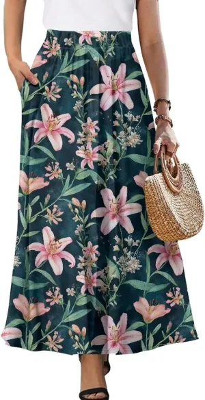 Women's Maxi High Waist Pleated Skirt Casual Long Skirts Flowy Swing Party Skirt with Pockets Ankle Length