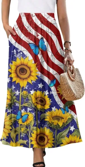 Women's Maxi High Waist Pleated Skirt Casual Long Skirts Flowy Swing Party Skirt with Pockets Ankle Length
