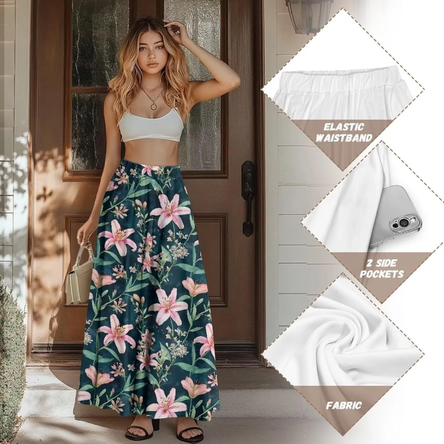 Women's Maxi High Waist Pleated Skirt Casual Long Skirts Flowy Swing Party Skirt with Pockets Ankle Length