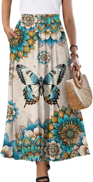 Women's Maxi High Waist Pleated Skirt Casual Long Skirts Flowy Swing Party Skirt with Pockets Ankle Length